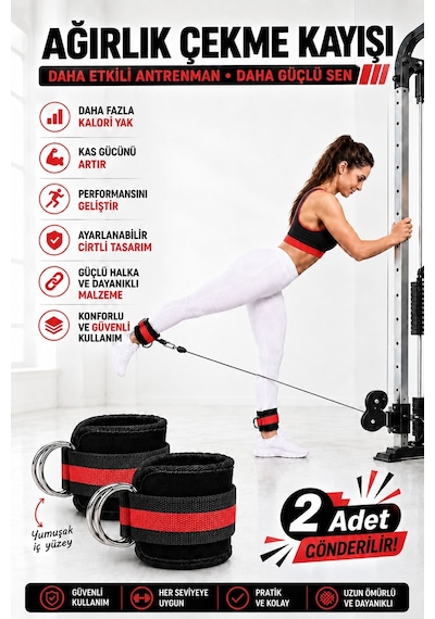 Spor Byfit Ayak Bilek Kayışı D-ring Ağırlık Çekiş Aparatı Kırmızı - Siyah