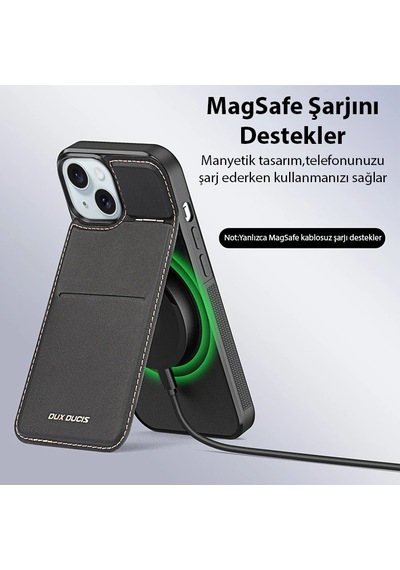 Hepsi Dux Ducis iPhone Uyumlu 15 Plus Rafi Series Magsafe Premium Deri Kılıf- 5775 Najmaddin Siyah