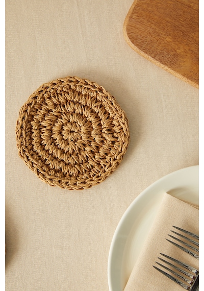 Ocean Home Textile 4'lü Bej Renk Rafya Bardak Altlığı Ø 11 cm