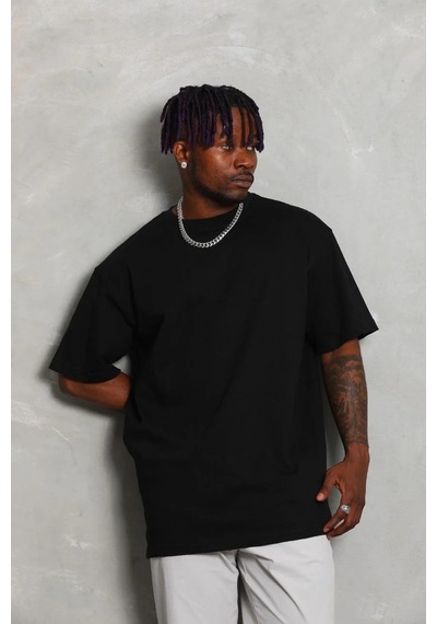 Erkek Düz Yazlık Kısa Kol Tişört Bisiklet Yaka Oversize T-shirt - Siyah
