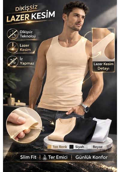 Qulat Berrak Erkek Lazer Kesim Görünmez Dikişsiz Atlet %85 Pamuk %15 Elastan Slim Fit İz Yapmaz/ 2 Adet Bej