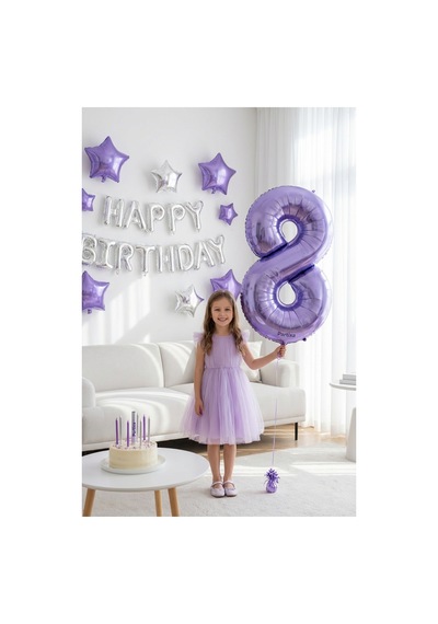 Mor Rakam 8 Balon 32 İnç 80 Cm Prenses Unicorn 8 Yaş Doğum Günü Fotoğraf Süsü Çok Renkli