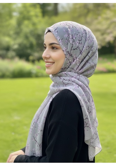 Eyfel Pamuklu Soft Özel Seri Şal Etnik & Çiçekli Desen, Orjinal, Tesettür Giyim, Yeni Koleksiyon Gri