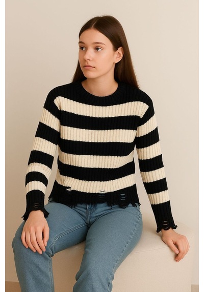 Hira Life Fashion Kadın Çizgili Kol Delikli Kazak Lacivert-beyaz Lacivert-beyaz Hira Life Fashion Kadın Çizgili Kol Delikli Kazak Lacivert-beyaz Lacivert-beyaz