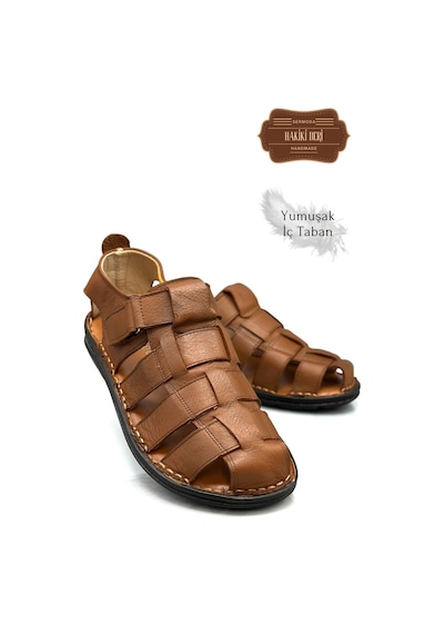 Sermoda Hakiki Deri Burnu Kapalı Erkek Sandalet Taba