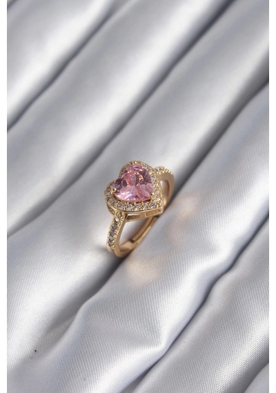Mey İthalat Pirinç Gold Renk Pembe Zirkon Taşlı Charm Kalp Model Kadın Yüzük Çok Renkli