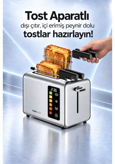 Tıgrecook 2 Dilim Kapasiteli Tost Aparatı Ve Ekmek Isıtma Raflı Dokunmatik Ekmek Kızartma Makinesi