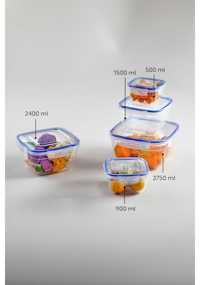 Kare 5 Parça Contalı Vakumlu Sızdırmaz Hava Almaz Saklama Kabı Seti 3750/2400/1500/900/500 Ml Şeffaf