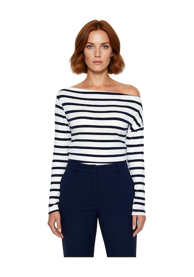 Ersefa Moda Kayık Yaka Örme Slim Çizgili Desen Casual Günlük Regular Uzu Lacivert