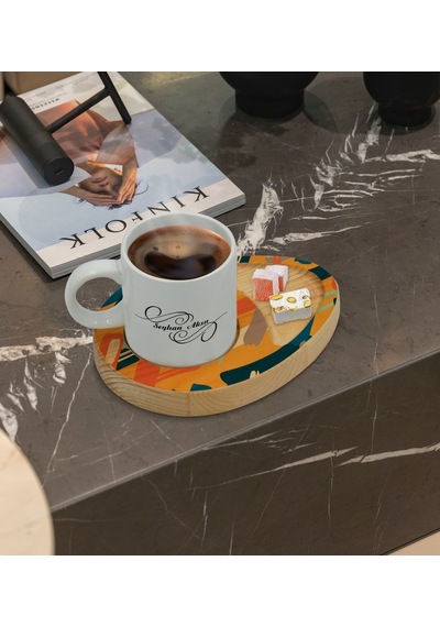 Kişiye Özel Modern Art Tasarımlı Doğal Ahşap Tabaklı Türk Kahvesi Fincanı Sunum Seti Model 7