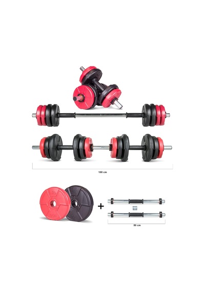 Spor 12 Kg Multifonksiyonel Kırmızı Siyah Halter Seti Ve Dambıl Seti