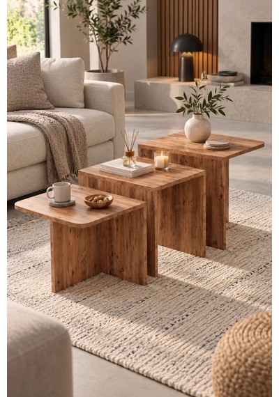 Sulorahome 3'lü Atlantik Çam Desenli Modern Orta Sehpa Seti