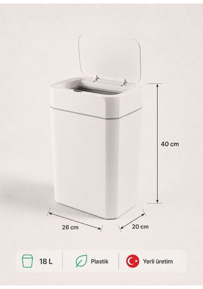 Sensörlü Akıllı Çöp Kovası 18 L - Pilli Otomatik Mutfak Banyo Çöp Kutusu Beyaz 40 Cm