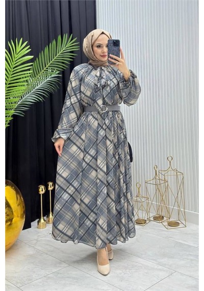 Neşeli Butik Kadın Mavi Ekose Desen Yaka Bağlama Detaylı Tül Kumaş Tesettür Elbise Nms087