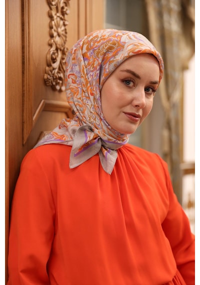 Silk Home Olinda İpek Eşarp 47002-33 Gri, Mor, Turuncu, Taba, Kiremit