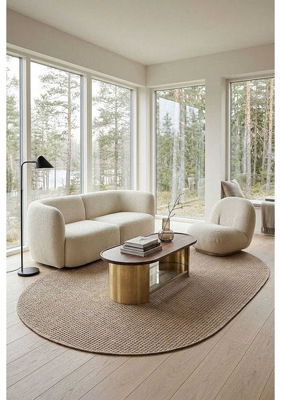 Divan Şönil Pamuklu Tek Renk Desensiz Kilim Oval Halı Hr-4501 Bej