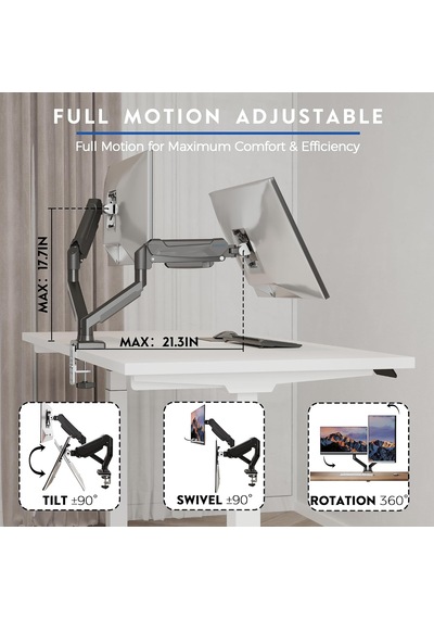 15-32 İnç Çiftli Gazlı Amortisörlü Monitör Kolu, Her Kol 9 Kg A Kadar, Vesa 75x75/100x100