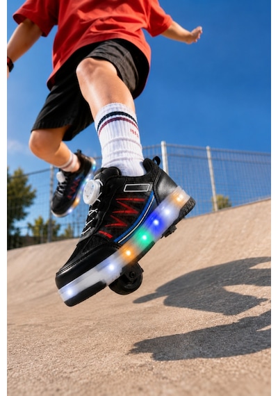 Muggo Sky Çocuk Işıklı Patenli Tekerlekli Sneaker Spor Ayakkabı Siyah - Kırmızı