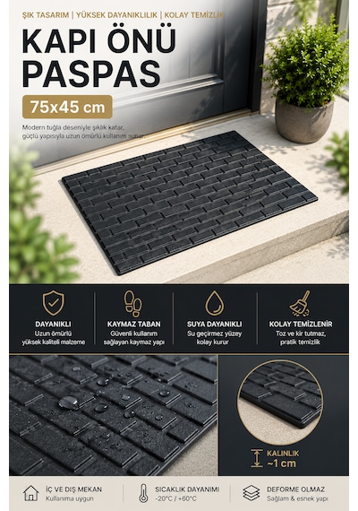 Kapı Önü Paspas 75x45 Cm Kaymaz Tabanlı Yıkanabilir Çok Amaçlı Dış Mekan Paspası siyah