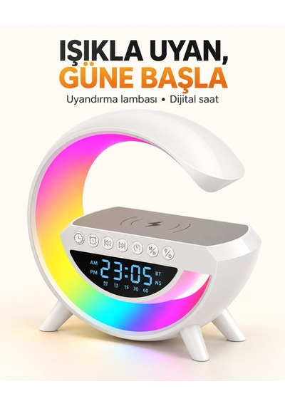 Şarjlı Hoperlör 7 Led Işıklı Bluetoothlu Alarm Saat Şarj İstasyonu Ritme Göre Renk