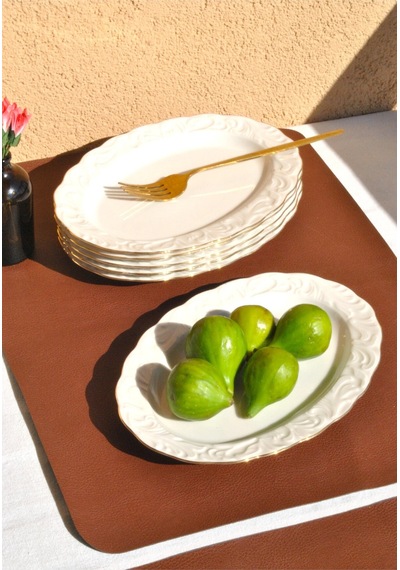 6 Adet Porselen Yaldızlı Orta Boy Kayık Tabak 23 Cm Meze Sunum Tabağı Gold