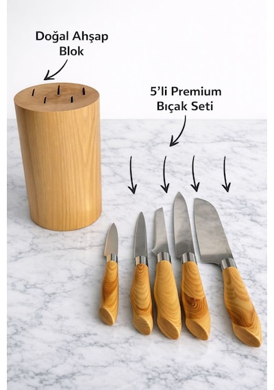Ahşap Saplı 5 Li Bıçak Seti Ve Doğal Ahşap Blok Şık, Dayanıklı Ve Premium Sunum Bej