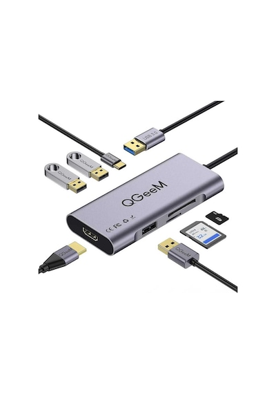 Qgeem Qg-uh07-a Type-c Çoğaltıcı Ve Dönüştürücü Hub Usb 3.0 Hdmı 4k Sd Kart 85w 5120mbps Gri