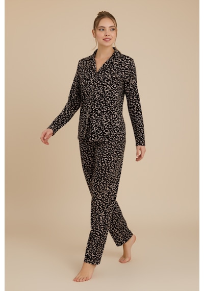 Luxury Soft Siyah Leopar Desenli Uzun Kollu Kadın Pijama Takımı 3058 Leopar2