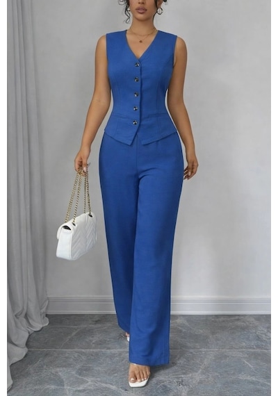 Defymoda Kadın Askılı Önden Düğmeli Bluz Ve Pantolon Keten Ikili Takım Mavi
