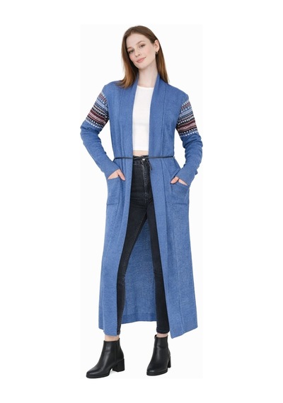 Onno Style Woman Standart Beden Kilim Desenli Uzun Triko Ceket Mavi