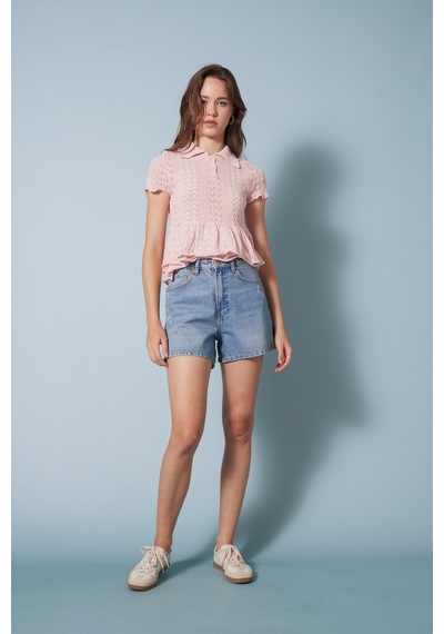 Avrile Fırfırlı Polo Yaka Triko Bluz Pembe