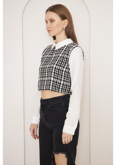 Darlin Moda Siyah Tweed Gömlek Yaka Crop Bluz Dm9002 Siyah