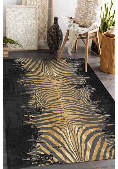 Frenda Home Zebra Desen Pamuk Taban Baskılı Halı Siyah