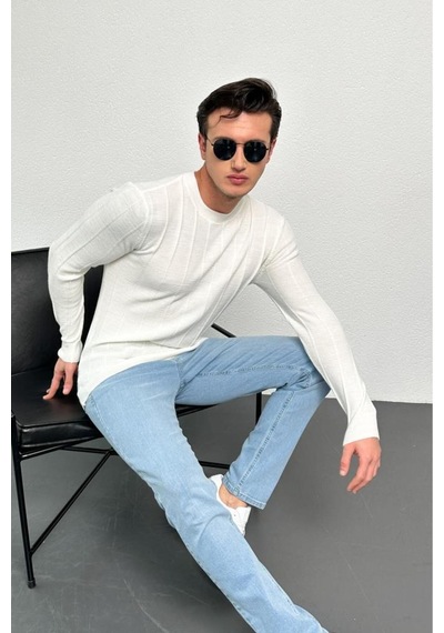 Erkek Ekru Regular Fit Bisiklet Yaka %100 Akrilik Triko Kazak Hlthe012121