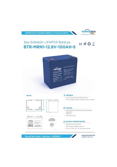 Tommatech Marine 12.8 V 100 Ah Lifepo4 Abs+pc Kasa Lityum Batarya
