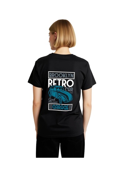 Paybuy Kadın Retro Otomobil Baskılı Kısa Kollu Tişört Brooklyn Garaj Tem Siyah