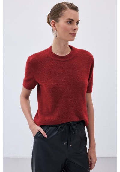 Sateen Sakallı Kısa Kol Triko - Bordo-136537