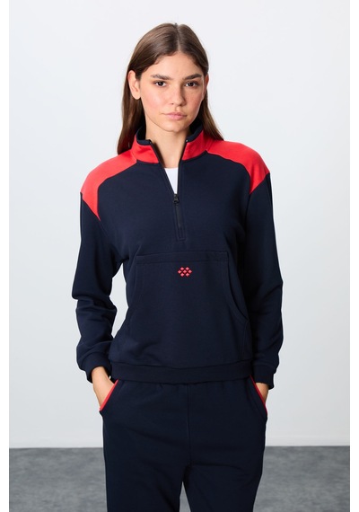 Tommy Life İndigo Kompakt Pamuklu Kalın Pürüzsüz Dokulu Dik Yaka Oversize Fit Kadın Eşofman Takım - 95342 Indıgo İndigo