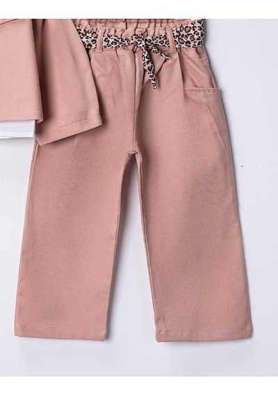 Harika Kids Kız Çocuk Gabardin Ceketli Takım Düğmeli Dokuma Gömlekli, Beli Lastikli Kemerli Pantolon 2-5 Yaş Pudra