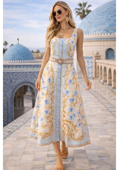 Asprinfashion Kadın İthal Çiçek Desenli Kemerli Düğme Detaylı Midi Elbise Şık Yazlık Elbise Bebe Mavi Asprinfashion Kadın İthal Çiçek Desenli Kemerli Düğme Detaylı Midi Elbise Şık Yazlık Elbise Bebe Mavi