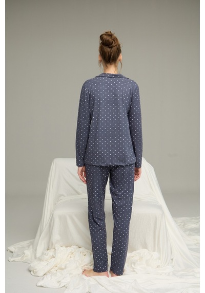 Siyah İnci Gömlek Yaka Düğmeli Milan Örme Pijama Takım25224033 İndigo