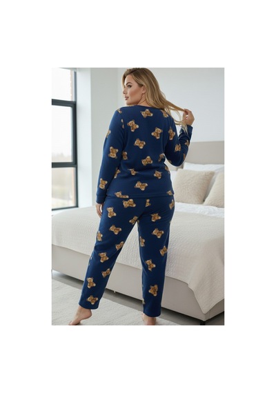 Siyah İnci Büyük Beden Polar Kışlık Örme Pijama Takım 25222586 mavi