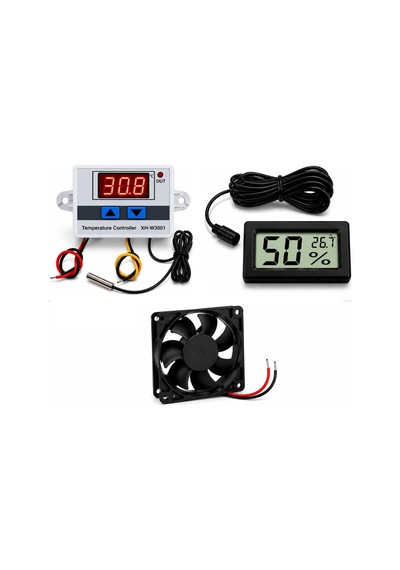 3'lü Kuluçka Seti, Dijital Termostat Xh-w3001, Higrometre Ve 80mm Fan İle