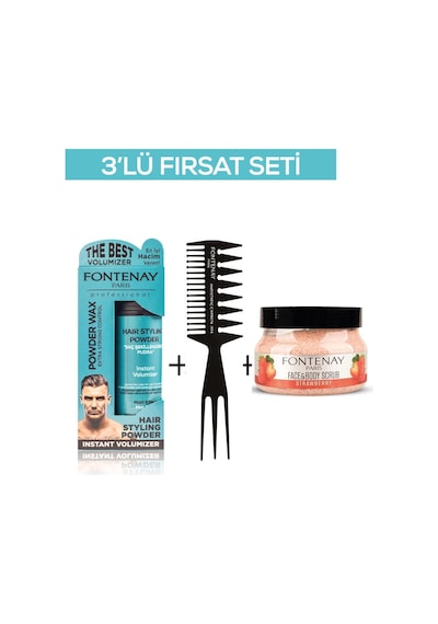 Fontenay Pudra Toz Wax Mavi 20gr + Şekil Tarağı 034 + Face And Body Scrub Çilekli 350ml 3'lü Set
