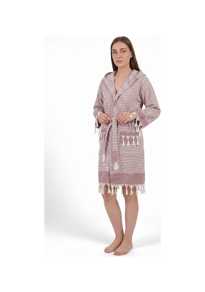 Kapşonlu Unisex Peştemal Plaj Bornozu %100 Pamuklu Seaside Stripe Bordo