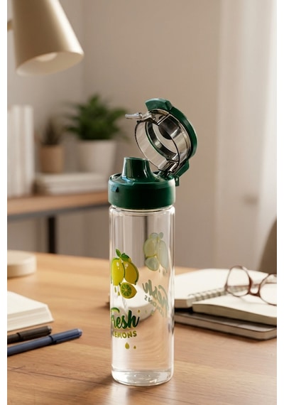 Limon Desenli Şeffaf Cam Matara 550 Ml Yeşil