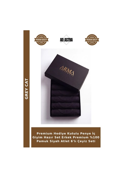 Grey Cat Premium Hediye Kutulu Penye İç Giyim Hazır Set Erkek Premium %100 Pamuk Siyah Atlet 6'lı Çeyiz Seti