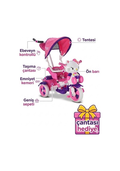 Turhanbebe Minik Prenseslerin İlk Macera Arkadaşı: Hello Kitty Temalı Ebeveyn Kontrollü Bisiklet Pembe