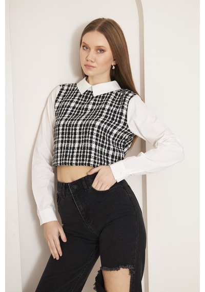 Darlin Moda Siyah Tweed Gömlek Yaka Crop Bluz Dm9002 Siyah