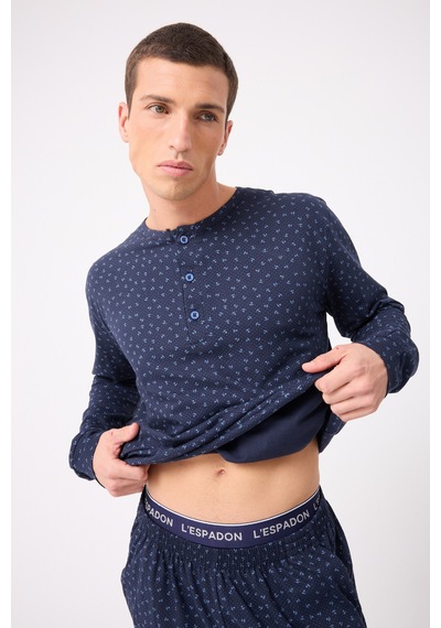 L'espadon Oceanripple Premium Örme Pamuk Uzun Kollu Henley & Uzun Pantolonlu Erkek Pijama Takımı-3228 Lacıvert